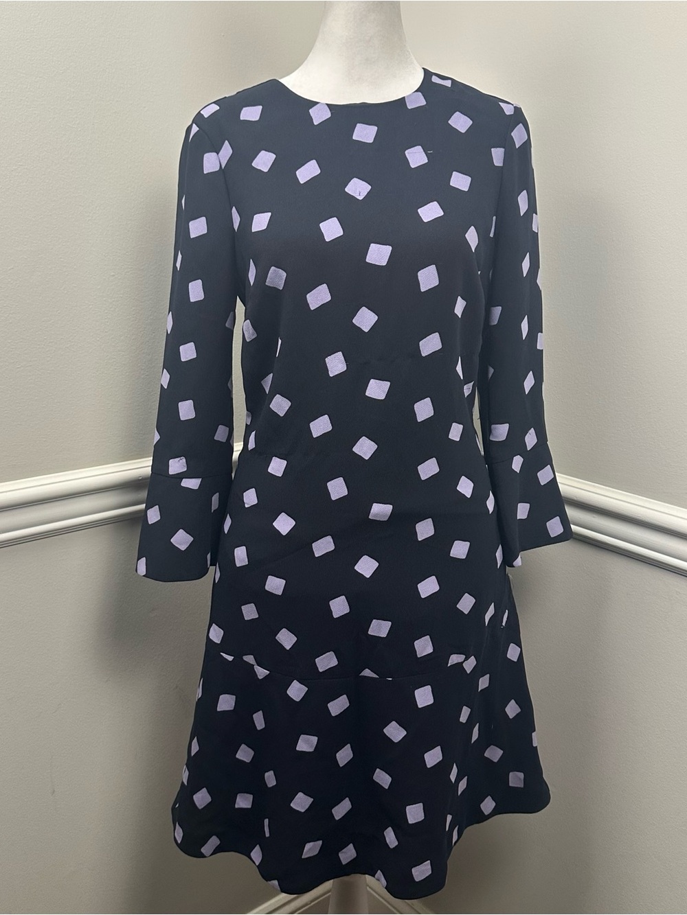 Hobbs London Navy Long-Sleeve Dress with Lavender Square Print 2
